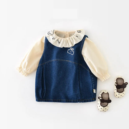 長袖セットアップ キッズセットアップ 2点セット 長袖フリル襟ブラウス+デニムノースリーブコクーンスカートワンピース