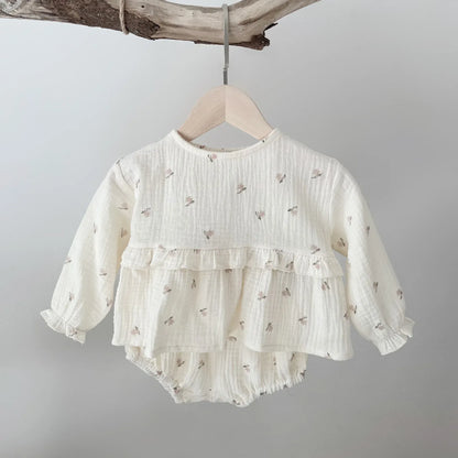 長袖セットアップ ベビーセットアップ 2点セット 長袖ペプラムチュニックブラウス+ブルマパンツ フラワー小花柄プリント