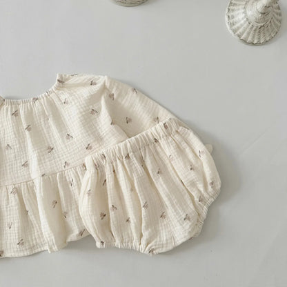 長袖セットアップ ベビーセットアップ 2点セット 長袖ペプラムチュニックブラウス+ブルマパンツ フラワー小花柄プリント