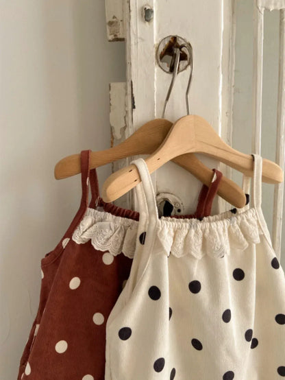 サロペットパンツ・サスペンダーパンツ ベビーサロペット キャミソールジャンプスーツ レースフリル ドット水玉プリント 2カラー