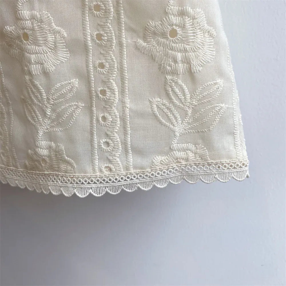 ノースリーブセットアップ キッズセットアップ 2点セット ノースリーブブラウス+ショートパンツ レース刺繍フリル