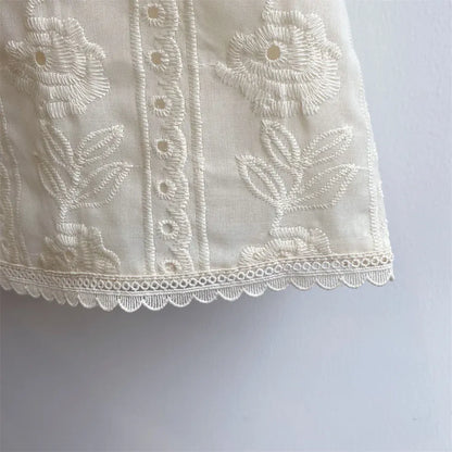 ノースリーブセットアップ キッズセットアップ 2点セット ノースリーブブラウス+ショートパンツ レース刺繍フリル