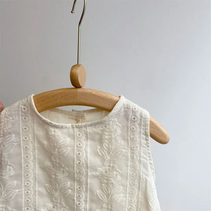 ノースリーブセットアップ キッズセットアップ 2点セット ノースリーブブラウス+ショートパンツ レース刺繍フリル