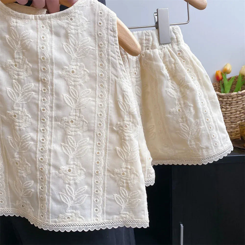 ノースリーブセットアップ キッズセットアップ 2点セット ノースリーブブラウス+ショートパンツ レース刺繍フリル