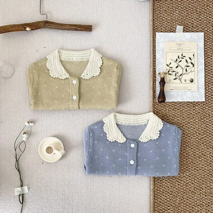 カーディガン・パーカー ベビーキッズカーディガン ニット レース襟トップス ブルー/イエロー/2カラー