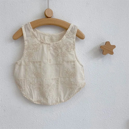 ノースリーブセットアップ キッズセットアップ 2点セット ノースリーブブラウス+スカート フラワーレース刺繍 ベージュ