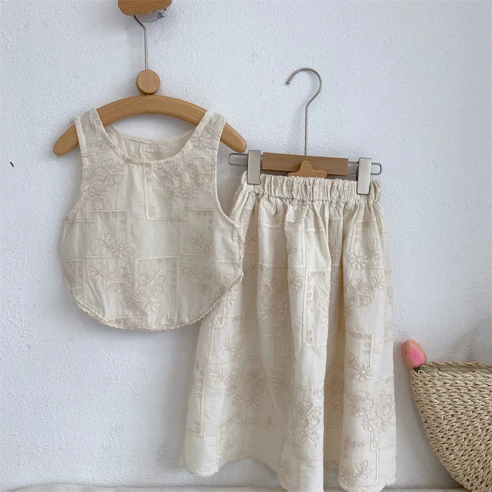 ノースリーブセットアップ キッズセットアップ 2点セット ノースリーブブラウス+スカート フラワーレース刺繍 ベージュ