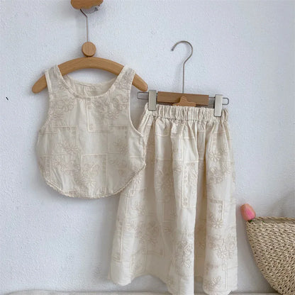 ノースリーブセットアップ キッズセットアップ 2点セット ノースリーブブラウス+スカート フラワーレース刺繍 ベージュ