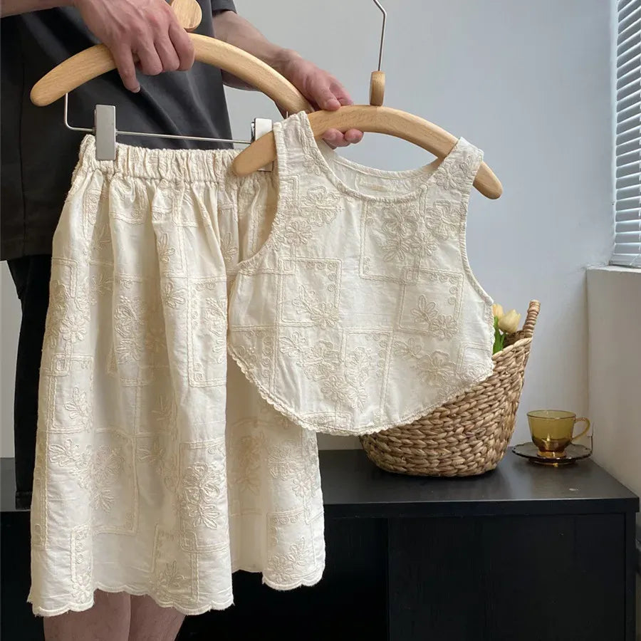 ノースリーブセットアップ キッズセットアップ 2点セット ノースリーブブラウス+スカート フラワーレース刺繍 ベージュ