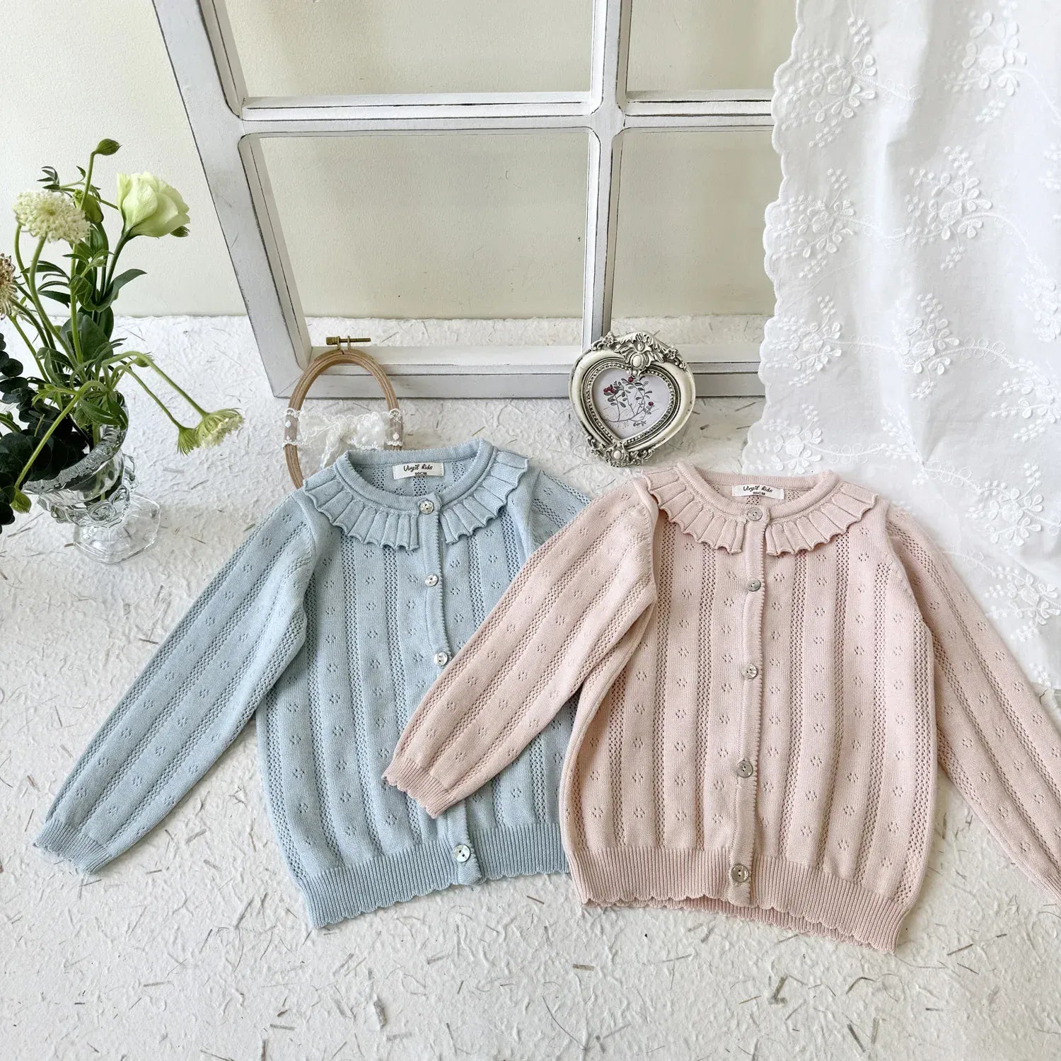 カーディガン・パーカー キッズカーディガン レースニットトップス フリル お出かけ ブルー/ピンク/2カラー