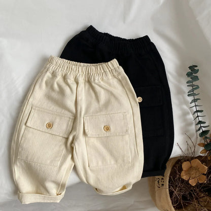 ロングパンツ・スウェットパンツ キッズパンツ ルーズ ボタン ポケット アクセント ロングパンツ 2カラー