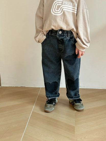デニムパンツ キッズパンツ デニムパンツ ハート パッチワーク ルーズロングパンツ ジーンズ 2カラー