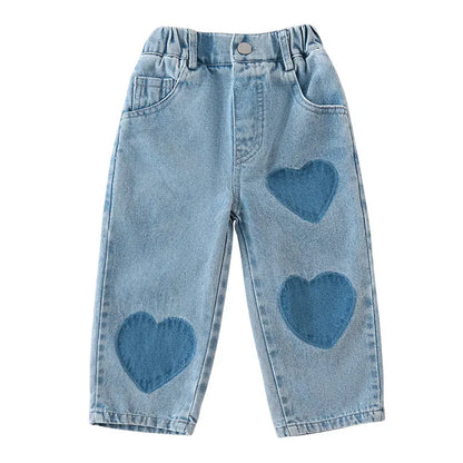 デニムパンツ キッズパンツ デニムパンツ ハート パッチワーク ルーズロングパンツ ジーンズ 2カラー