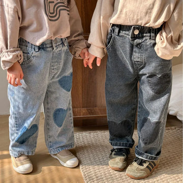 デニムパンツ キッズパンツ デニムパンツ ハート パッチワーク ルーズロングパンツ ジーンズ 2カラー