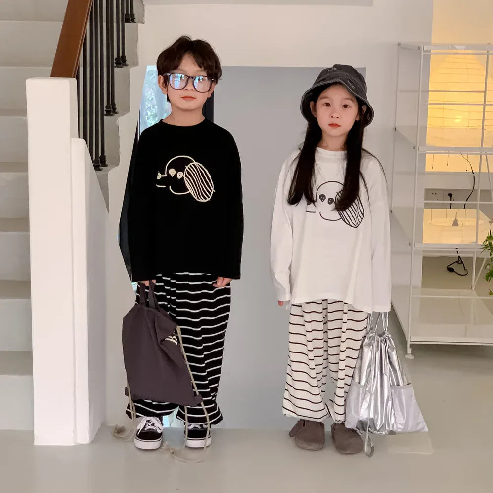 ロングパンツ・スウェットパンツ キッズパンツ ボーダー柄 ルーズロングパンツ ブラック/ホワイト2カラー