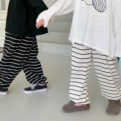 ロングパンツ・スウェットパンツ キッズパンツ ボーダー柄 ルーズロングパンツ ブラック/ホワイト2カラー