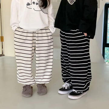 ロングパンツ・スウェットパンツ キッズパンツ ボーダー柄 ルーズロングパンツ ブラック/ホワイト2カラー