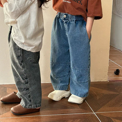 デニムパンツ キッズパンツ デニムパンツ 膝切り替え ワイドルーズパンツ ジーンズ ジーパン 2カラー