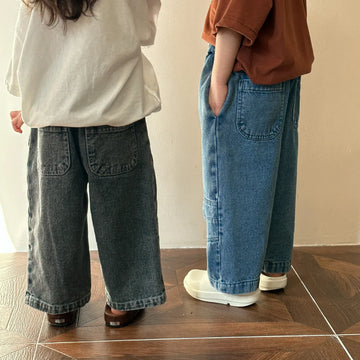 デニムパンツ キッズパンツ デニムパンツ 膝切り替え ワイドルーズパンツ ジーンズ ジーパン 2カラー
