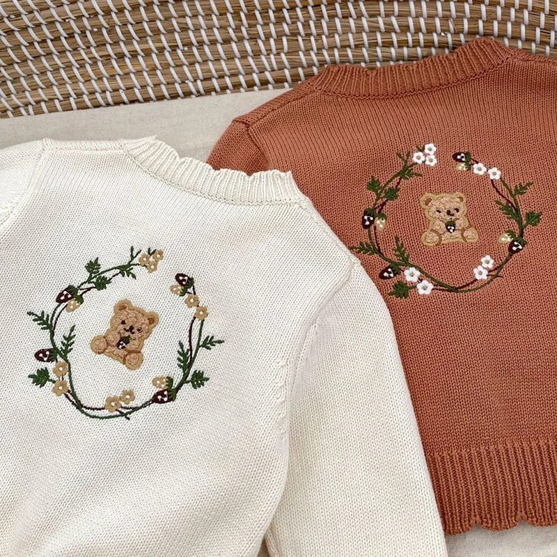 カーディガン・パーカー ベビーカーディガン ニットジャケット ベアくま刺繍ワンポイント ブラウン/ベージュ/2カラー