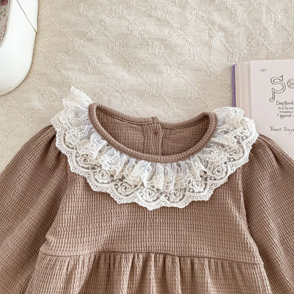 長袖ロンパース ☺︎ ベビーロンパース 長袖ボディスーツ レースフリル襟 リボンヘアバンドセット ベージュ/コーヒー/2カラー