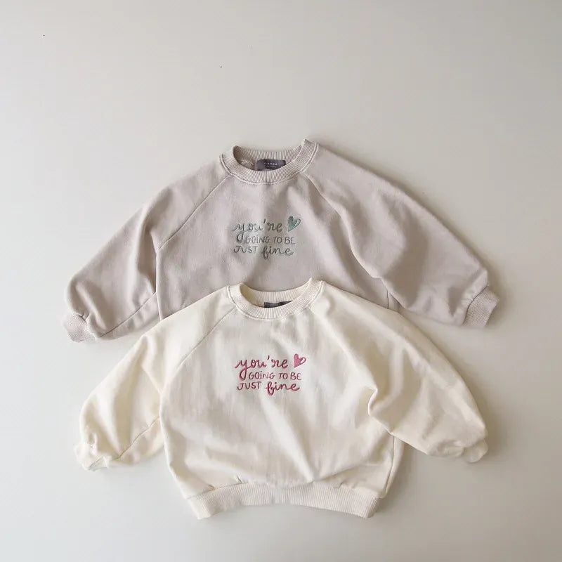 トレーナー・フーディ キッズトップス スウェットシャツ トレーナー レターロゴ刺繍 ベージュ/グレー/2カラー