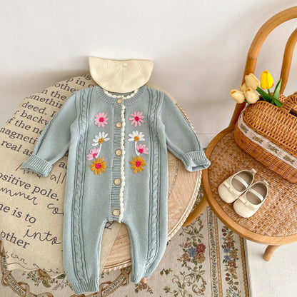 長袖ロンパース ベビージャンプスーツ ニット長袖ロンパース フラワー花柄刺繍 ベージュ/ブルーグレー/2カラー
