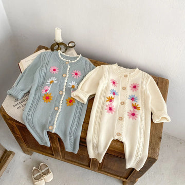 長袖ロンパース ベビージャンプスーツ ニット長袖ロンパース フラワー花柄刺繍 ベージュ/ブルーグレー/2カラー