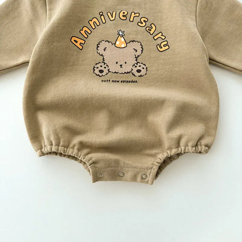長袖ロンパース ベビーロンパース 長袖ボディスーツ ベアくまプリント オレンジ/グレー/2カラー