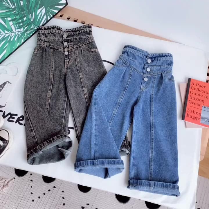 デニムパンツ キッズジュニアパンツ デニムパンツ ハイウェストバギーパンツ ジーンズ ジーパン ブラック/ブルー/2カラー