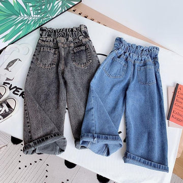 デニムパンツ キッズジュニアパンツ デニムパンツ ハイウェストバギーパンツ ジーンズ ジーパン ブラック/ブルー/2カラー