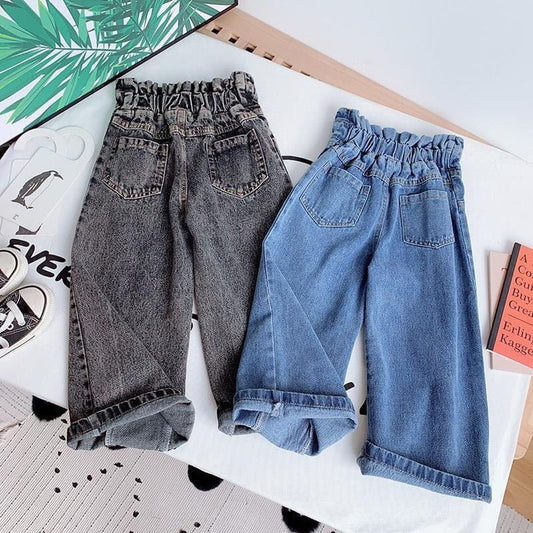 デニムパンツ キッズジュニアパンツ デニムパンツ ハイウェストバギーパンツ ジーンズ ジーパン ブラック/ブルー/2カラー