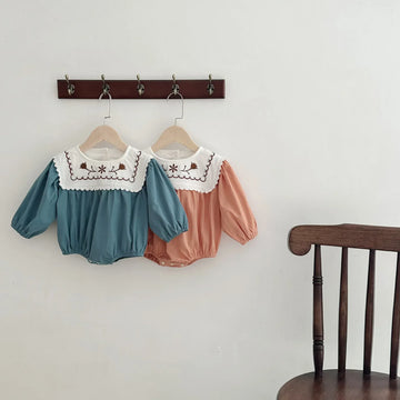 長袖ロンパース ベビーロンパース 長袖ボディスーツ フラワー花柄刺繍フリル ブルー/オレンジ/2カラー