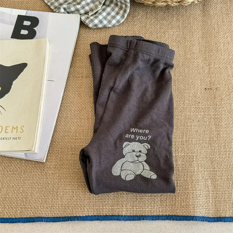 レギンスパンツ キッズパンツ レギンスパンツ ベアくまプリント柄 グレー2カラー