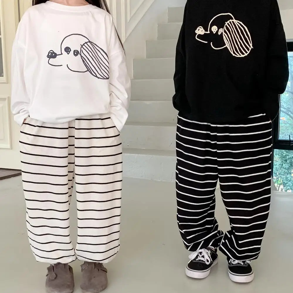 ロングパンツ・スウェットパンツ キッズパンツ ボーダー柄 スウェットロングパンツ ブラック/ホワイト/2カラー