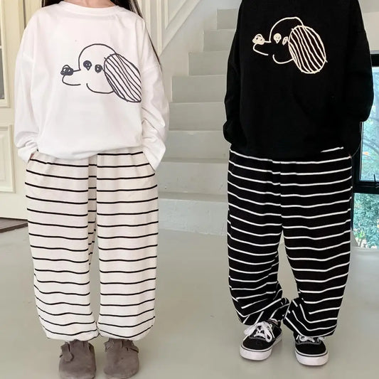 ロングパンツ・スウェットパンツ キッズパンツ ボーダー柄 スウェットロングパンツ ブラック/ホワイト/2カラー