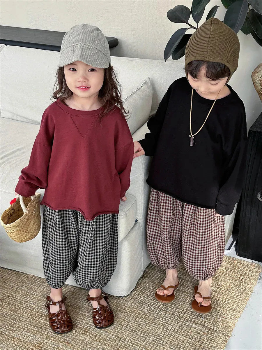 ロングパンツ・スウェットパンツ キッズパンツ チェック柄ランタンパンツ ルーズロングパンツ コーヒーレッド/ブラック/2カラー