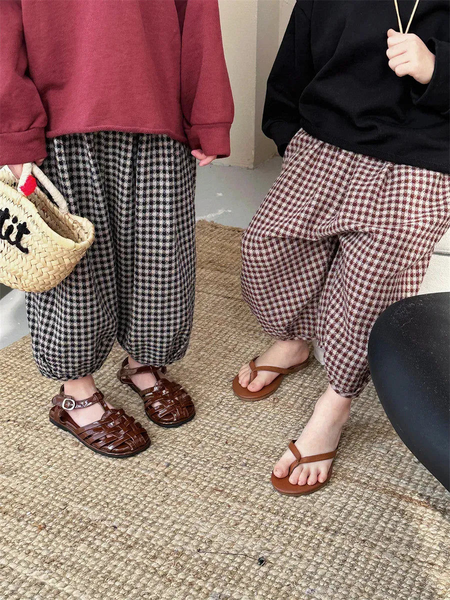 ロングパンツ・スウェットパンツ キッズパンツ チェック柄ランタンパンツ ルーズロングパンツ コーヒーレッド/ブラック/2カラー