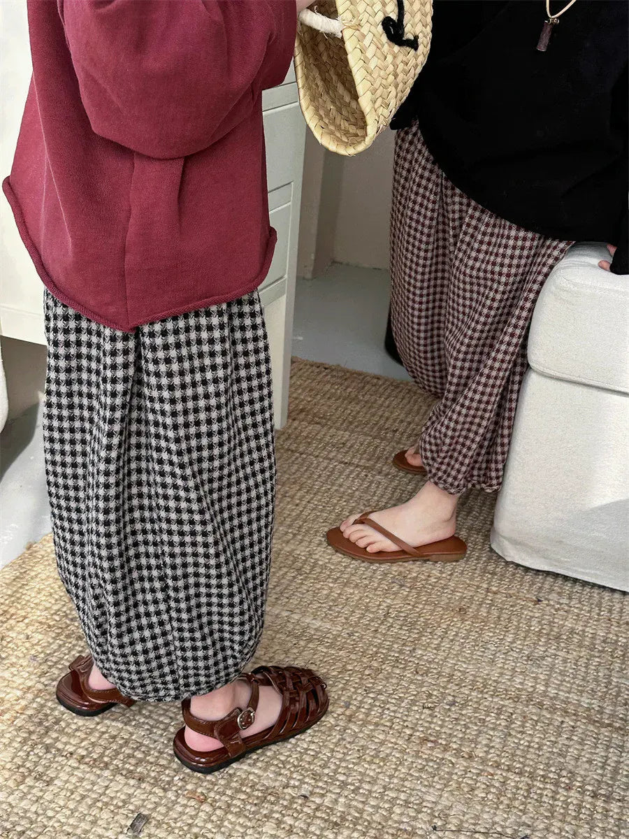 ロングパンツ・スウェットパンツ キッズパンツ チェック柄ランタンパンツ ルーズロングパンツ コーヒーレッド/ブラック/2カラー