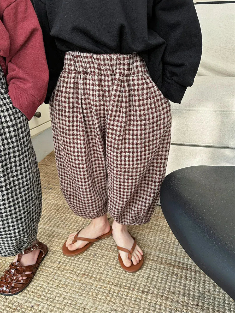 ロングパンツ・スウェットパンツ キッズパンツ チェック柄ランタンパンツ ルーズロングパンツ コーヒーレッド/ブラック/2カラー