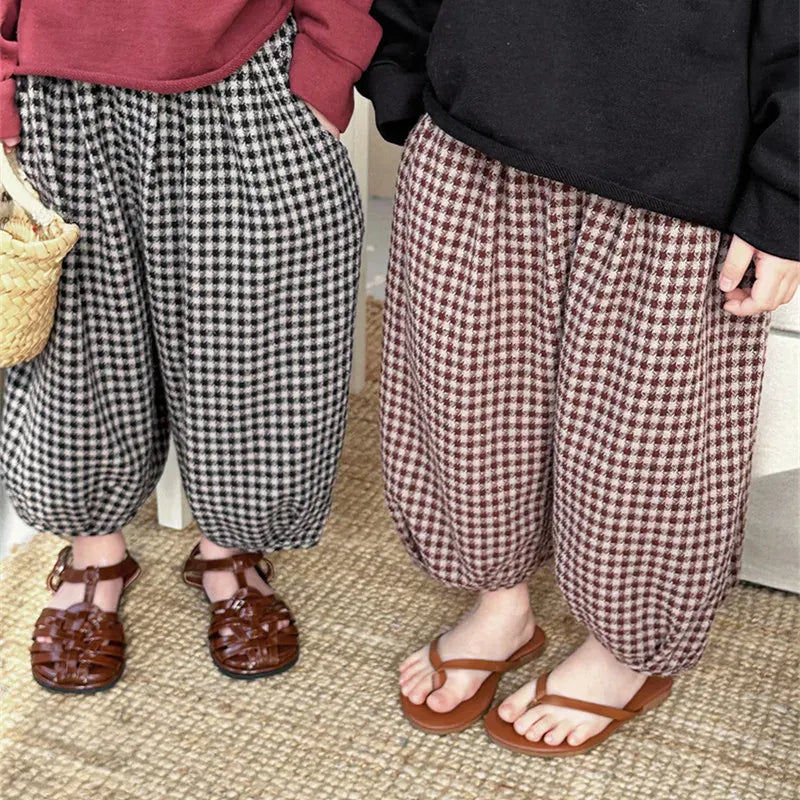 ロングパンツ・スウェットパンツ キッズパンツ チェック柄ランタンパンツ ルーズロングパンツ コーヒーレッド/ブラック/2カラー