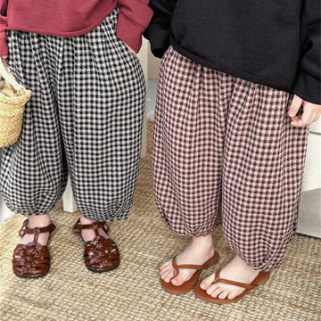 ロングパンツ・スウェットパンツ キッズパンツ チェック柄ランタンパンツ ルーズロングパンツ コーヒーレッド/ブラック/2カラー