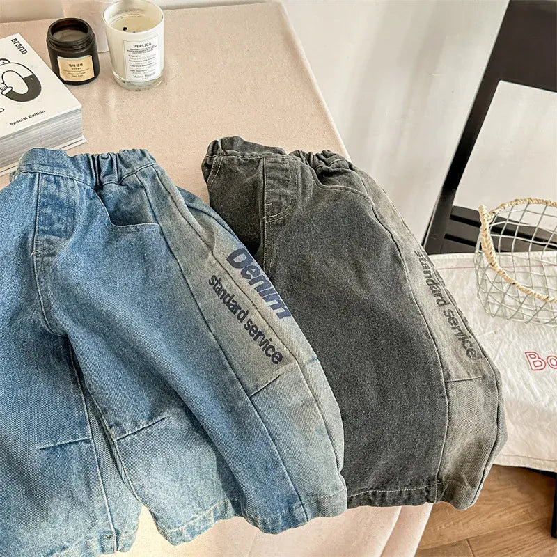 デニムパンツ キッズパンツ デニムパンツ ジーンズ レターロゴ ジーンズ ブルー/ブラック/2カラー