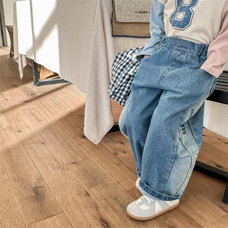 デニムパンツ キッズパンツ デニムパンツ ジーンズ レターロゴ ジーンズ ブルー/ブラック/2カラー