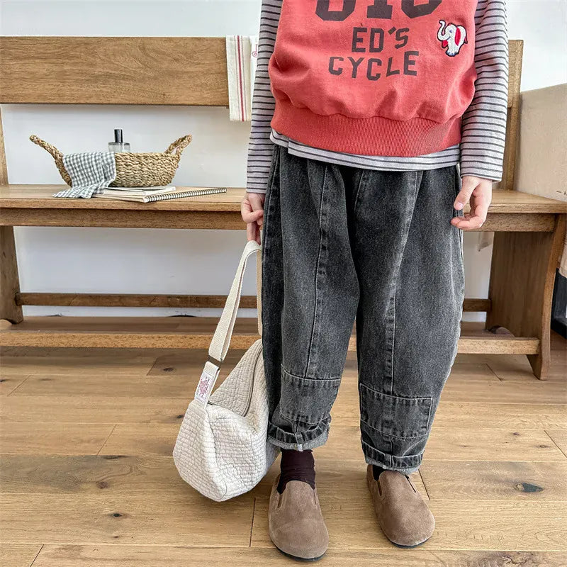 デニムパンツ キッズパンツ デニムパンツ ジーンズ パッチワークルーズパンツ ジーンズ ブルー/ブラック/2カラー