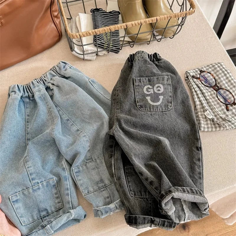 デニムパンツ キッズパンツ デニムパンツ ジーンズ パッチワークルーズパンツ ジーンズ ブルー/ブラック/2カラー