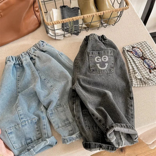 デニムパンツ キッズパンツ デニムパンツ ジーンズ パッチワークルーズパンツ ジーンズ ブルー/ブラック/2カラー