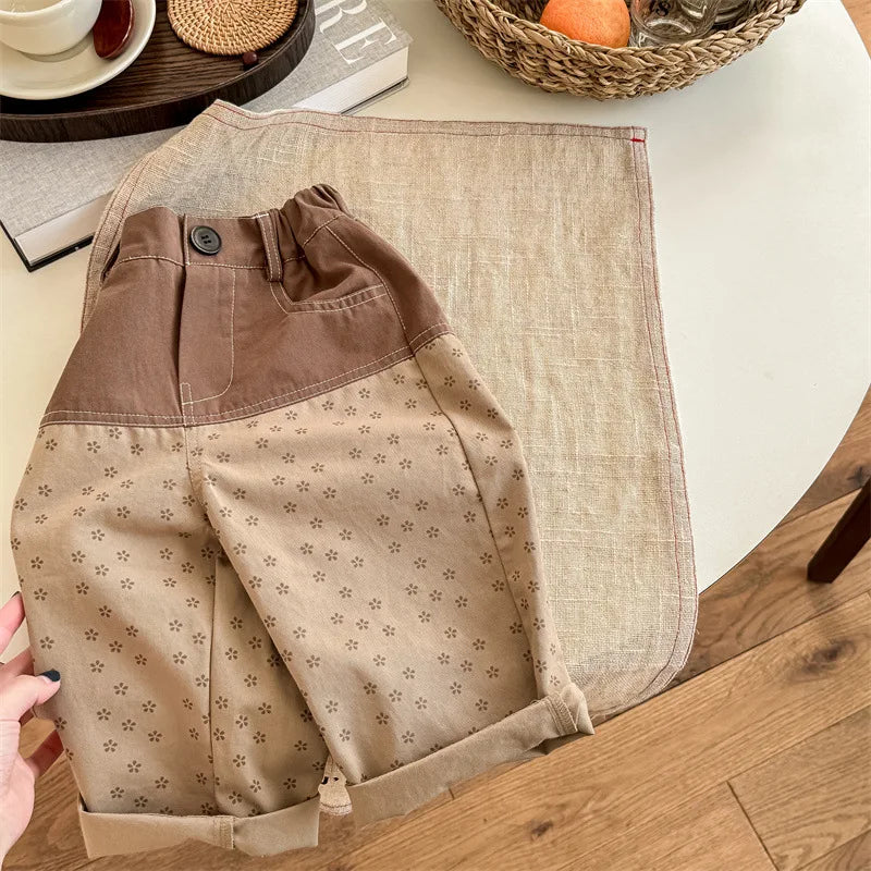 ロングパンツ・スウェットパンツ キッズパンツ 切り替えパッチワーク ルーズワイドロングパンツ フラワー花柄プリント 2カラー