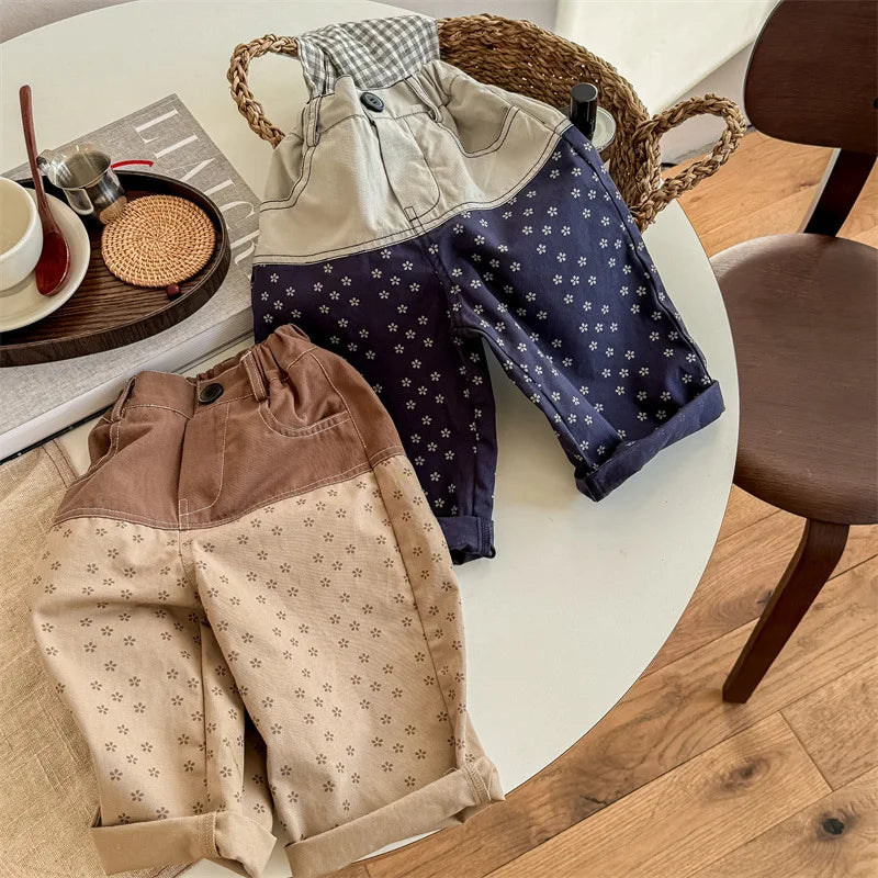 ロングパンツ・スウェットパンツ キッズパンツ 切り替えパッチワーク ルーズワイドロングパンツ フラワー花柄プリント 2カラー