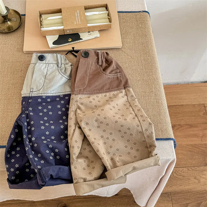 ロングパンツ・スウェットパンツ キッズパンツ 切り替えパッチワーク ルーズワイドロングパンツ フラワー花柄プリント 2カラー